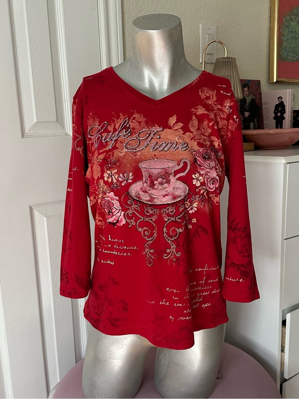 Allison Daley Red Coffee Cafe & Floral Script Graphic Quarter-Sleeve Tee